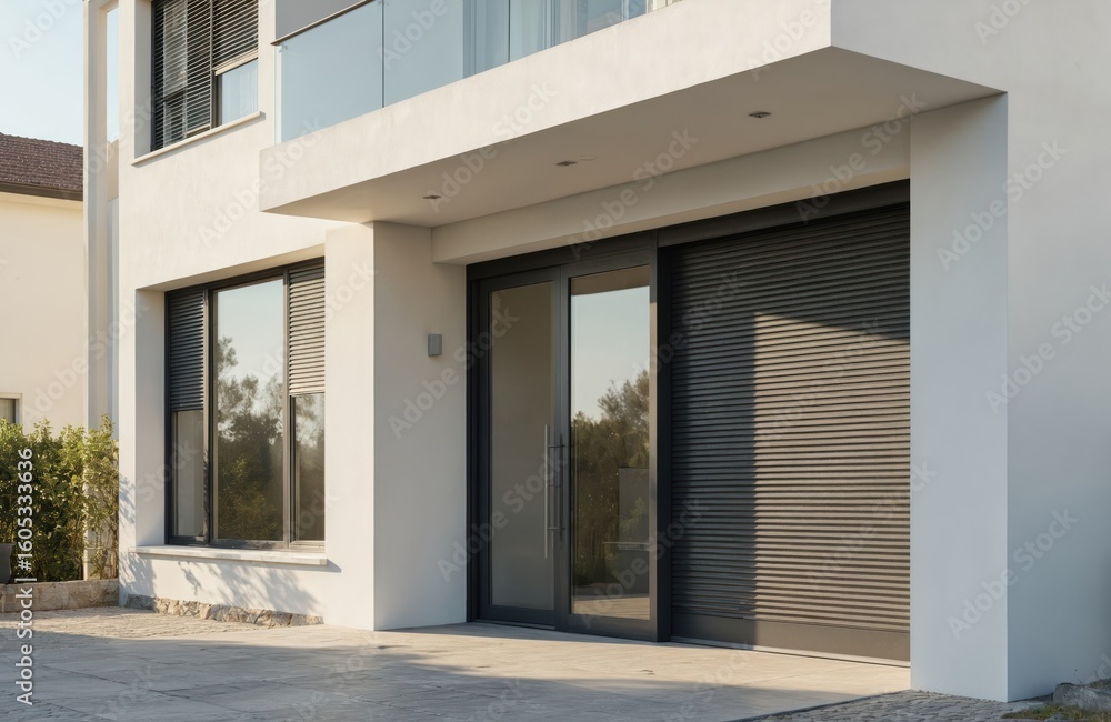 custom made wallpaper toronto digitalModern house exterior featuring large glass door, roller shutters. White wall, dark gray shutters, clean design with soft morning illumination, creating contrast, highlighting architectural details.