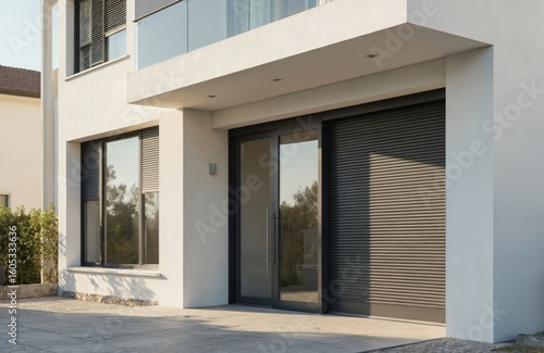 Wallpaper Mural Modern house exterior featuring large glass door, roller shutters. White wall, dark gray shutters, clean design with soft morning illumination, creating contrast, highlighting architectural details. Torontodigital.ca
