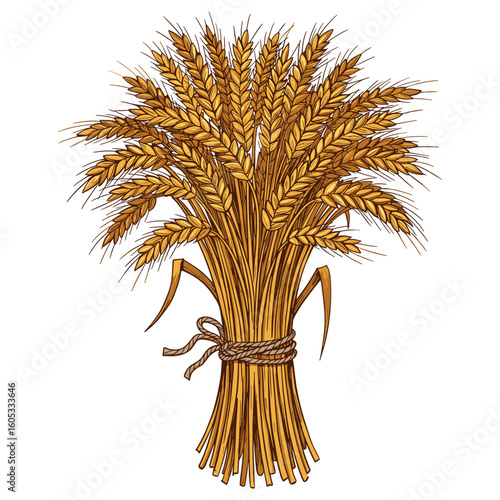 Golden wheat sheaf bound with rope signifying harvest and agriculture. Vector illustration