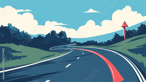 Cartoon Drawing of Road with Red Arrow Pointing
