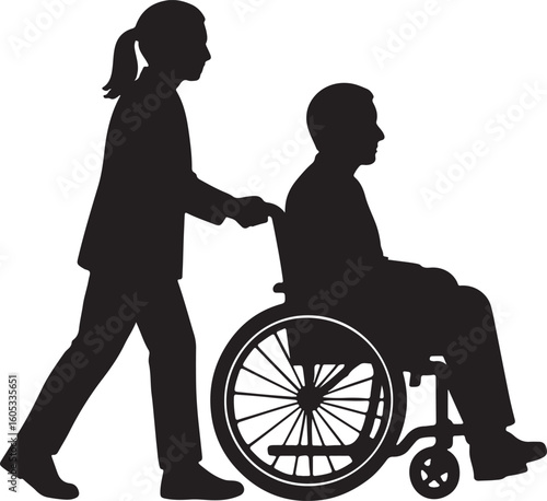 Silhouette Illustration of Healthcare Worker Pushing Patient in Wheelchair a Scene of Compassionate Care