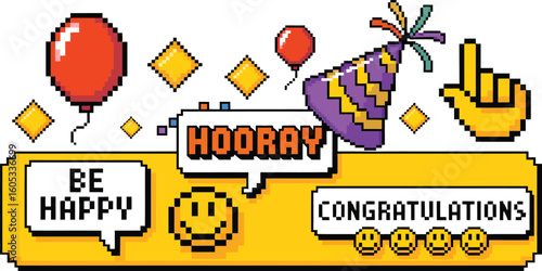 Celebrate pixel art congratulations hooray happy birthday party with balloons and hat