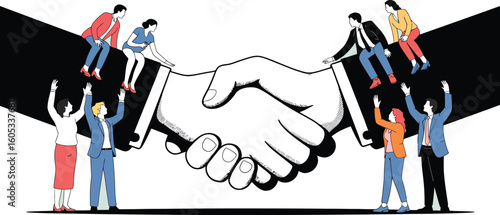 Illustration of business deal handshake with people celebrating partnership success