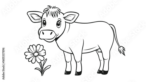 Whimsical Cow Drawing with Colorful Flower - Creative Coloring Image