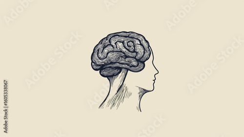 Detailed Drawing of Human Head with Brain Illustration for Medical Education