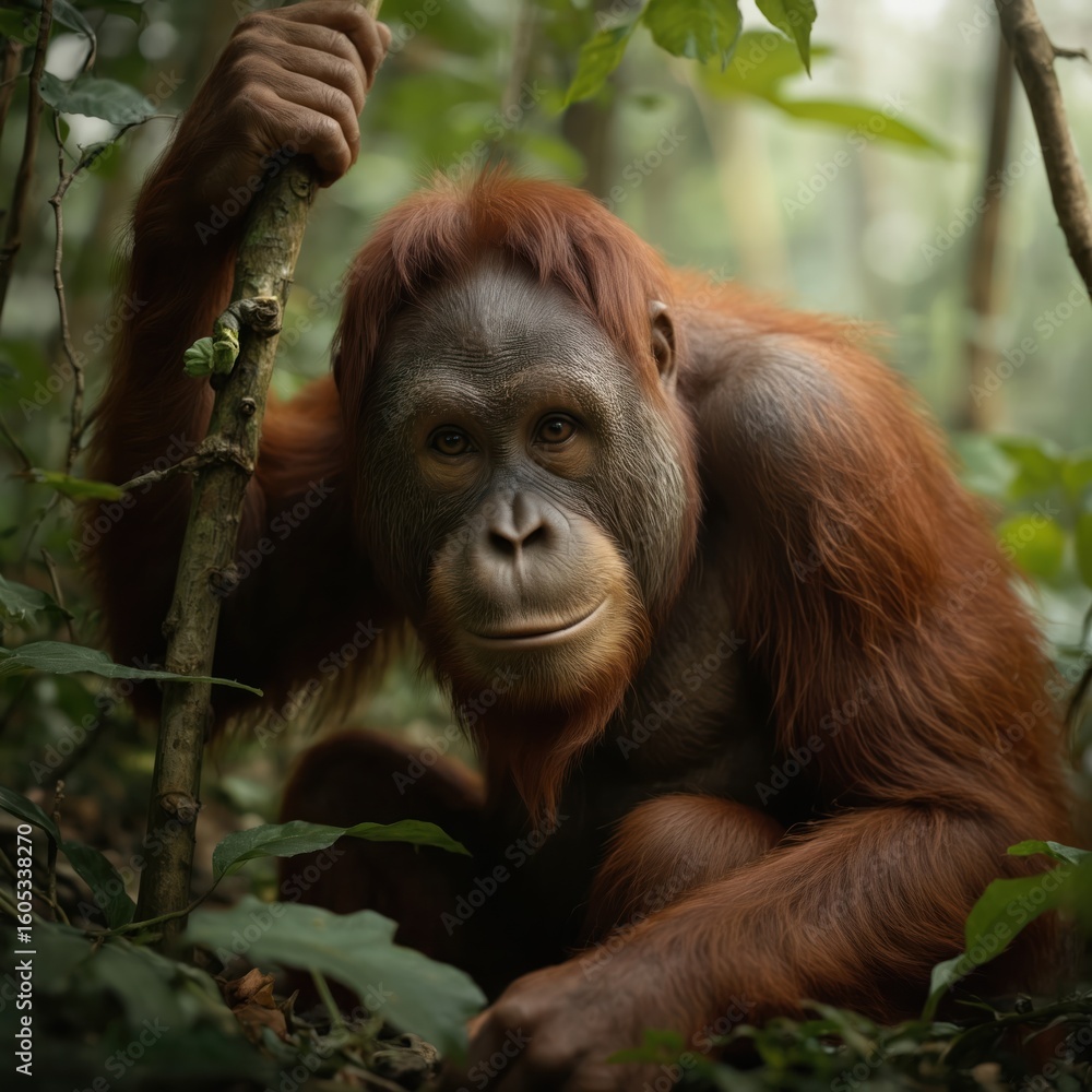 Fototapeta premium Orangutan rests in rich green jungle foliage, holding onto tree branch. Great ape displays characteristic reddish-brown fur, intelligent face. Natural habitat provides serene backdrop for endangered