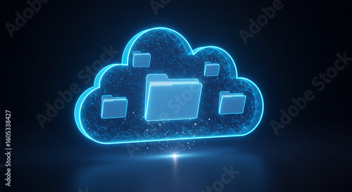 Cloud Computing and Data Storage: A luminous cloud graphic with file folders radiates on a sleek, dark backdrop, symbolizing the interconnectedness and security of digital information storage. 