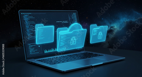 Wallpaper Mural Digital Data Sanctuary: A captivating view of a computer with illuminated folders floating above the screen, each adorned with a lock. Illustrating the concept of digital security. Torontodigital.ca