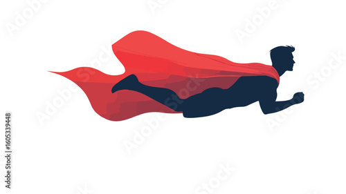 Superhero flying in red cape through the air at high speed