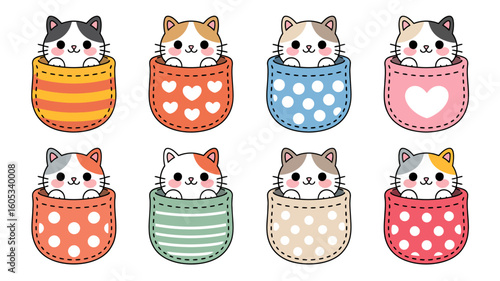 Eight cute cats peeking from pockets kittens cartoon