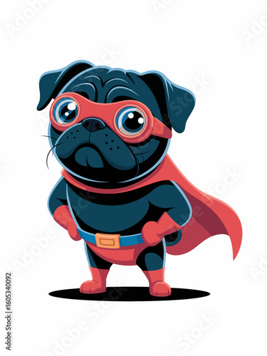 Pug superhero with red cape and mask costume