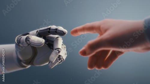 Cuadro en lienzo Futuristic Concept of Humanity and Artificial Intelligence Collaboration: Visualization of Humanoid Robot and Human Touching Fingertips, Creating Glowing Light