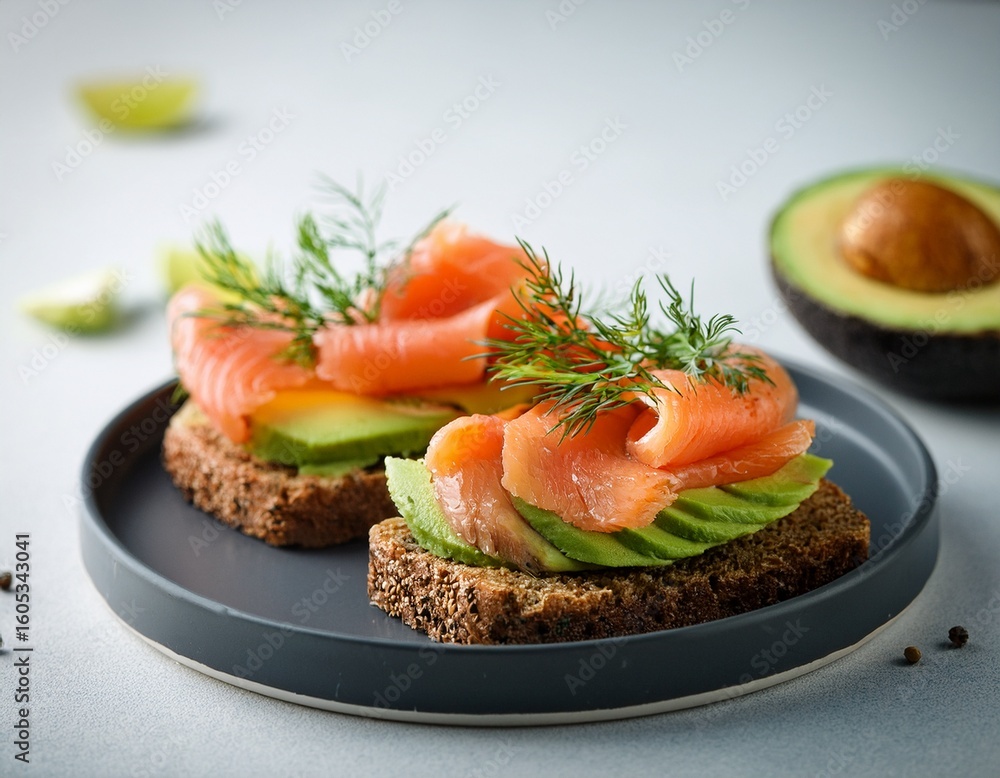 smoked salmon avocado sandwich on light background black whole grain bread avocado salted salmon and dill for healthy breakfast smoked salmon avocado sandwich on light background black whole grain bread avocado salted salmon and dill for healthy breakfast