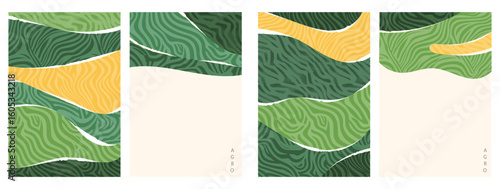 Abstract eco vineyard with rural farmland, flat vector layout, grape tea collage, field background, green nature pattern, agro design, wallpaper flyer, terrace scenery, postcard story, catalog wave