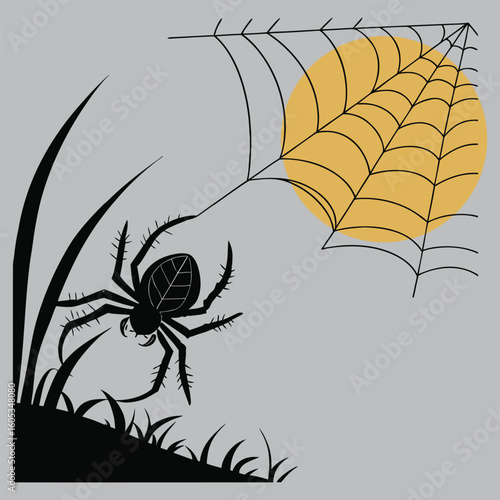 Spider weaving web in sunrise silhouette vector design art and illustration