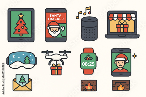 Set of Christmas Tech Icons in Flat Vector Style