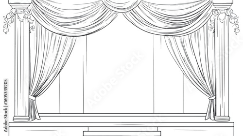 Theatrical Stage Curtains Cartoon Line Drawing Vector Illustration