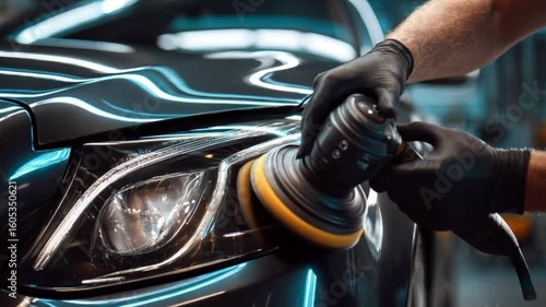 Close-up shows gloved hands using a polishing machine on a dark-colored car headlight