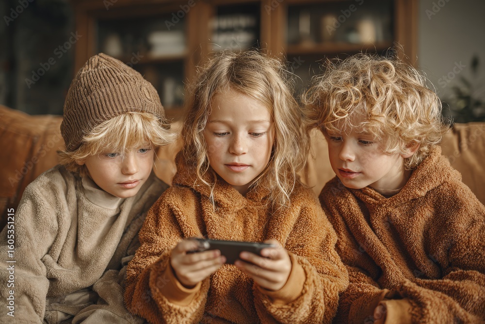Obraz premium Three children engaged in an entertaining activity on a smartphone while sitting on a cozy couch in a warm living room