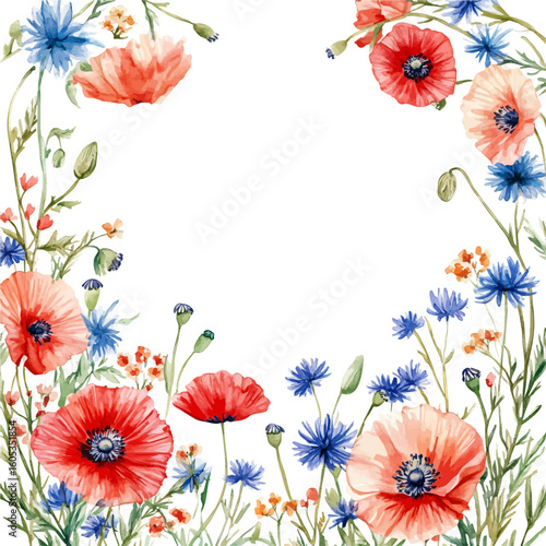 My Watercolor hand-painted wildflower frame with poppies painting illustration isolated on a white background, vector illustration, AI painting design, EPS format design. vector illustration