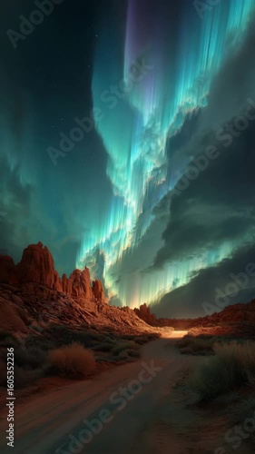 Vibrant teal and purple aurora borealis illuminates a desert landscape at night. Reddish brown rock formations and a dirt road are silhouetted against the dramatic sky. Stars are visible above.