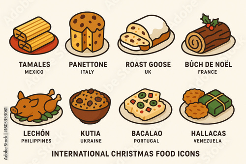 Set of International Christmas Food Icons in Flat Vector Style