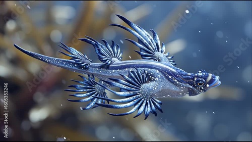 Graceful blue sea slug swimming in vibrant coral reef underwater life macro photography oceanic wonderland