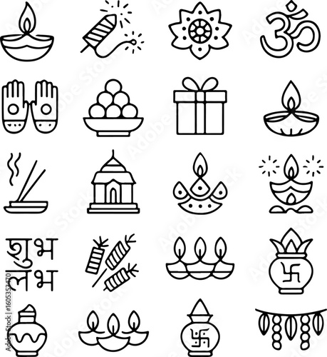 A collection of hand drawn outline icons representing various symbols and objects associated with the hindu festival of diwali