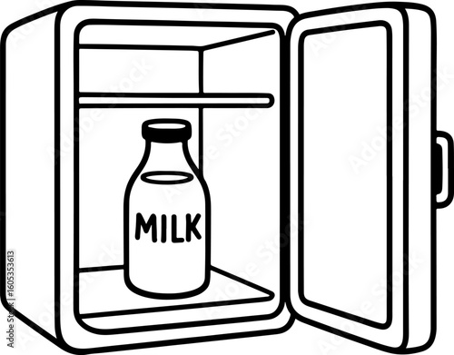 A simple black and white illustration of a small open refrigerator with a single bottle of milk inside on the bottom shelf
