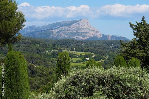 View of the Montagne Sainte-Victoire, a limestone cliff mountain painted by Paul Cezanne in Aix-en-Provence in southern France.