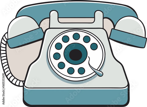 A retro teal and cream rotary dial telephone with a coiled cord, presented isolated on a clean white background.