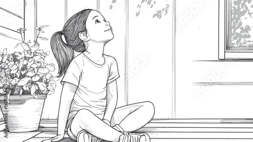 Inquisitive Young Child on Porch Looking Ahead with Wonder