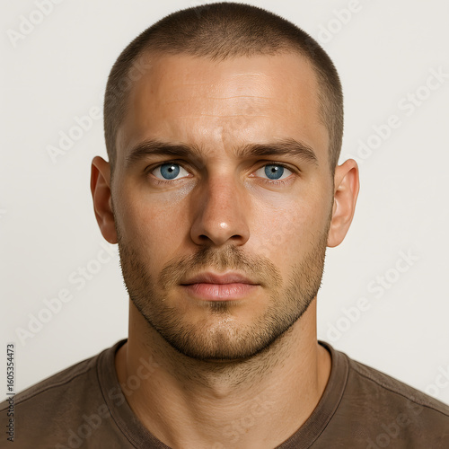 A direct portrait of a serious young adult man with striking blue eyes and a short buzz cut hairstyle
