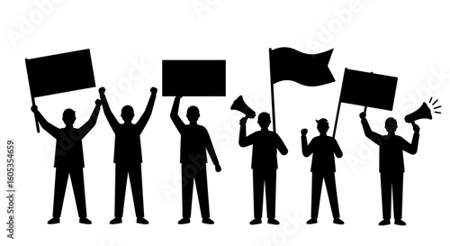 Group of Protesters Holding Signs and Flags Silhouette