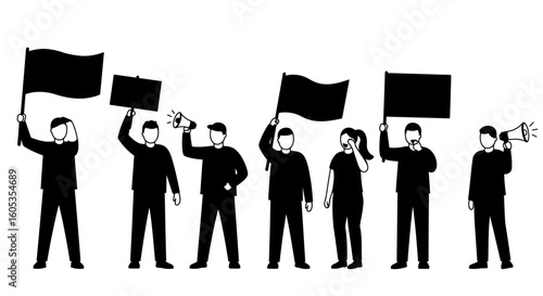 Group of Protesters Holding Signs and a Flag Silhouette