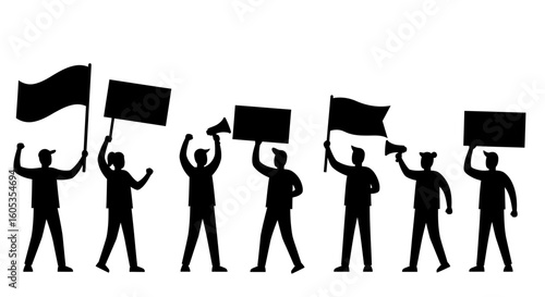 Crowd of protestors with signs and megaphones in silhouette