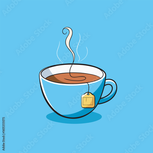 A light blue teacup filled with hot brown tea, with a visible tea bag string and steam rising, isolated on a white background.