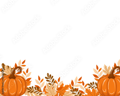 Rectangular frame with autumn nature elements. Ripe pumpkins, dry branches, and fall leaves in brown, orange, and yellow. Vector illustration on white background with copy space