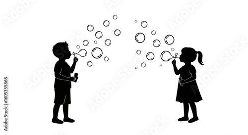 Children Blowing Bubbles Black and White Silhouette