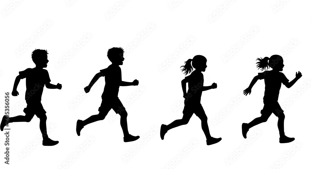 Children Running Silhouette Isolated on White Background Children Running Silhouette Isolated on White Background