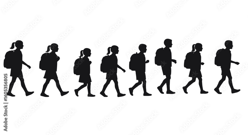 Children Walking to School with Backpacks Silhouette Children Walking to School with Backpacks Silhouette