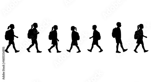 Silhouette of Students Walking with Backpacks on White Background silhouette