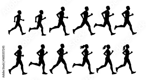 Runners of Different Ages and Genders in Silhouette Style silhouette