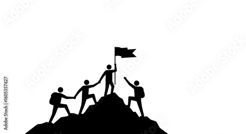 Teamwork and Leadership Reaching the Summit with a Flag silhouette