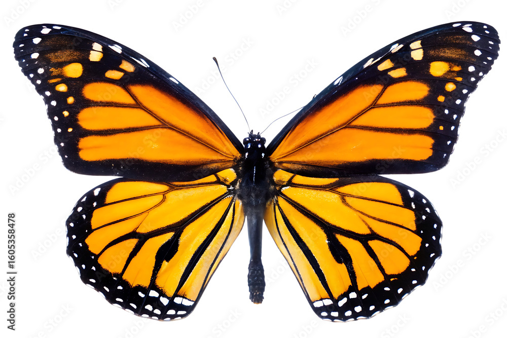 Fototapeta premium a detailed close up of a vibrant monarch butterfly isolated on white background, png, ai generated.