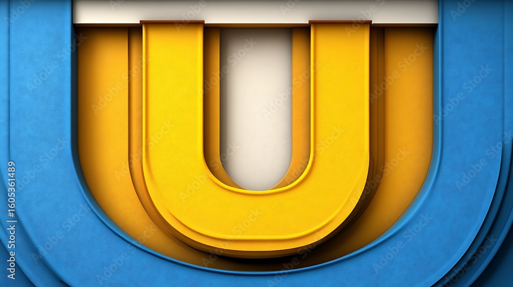 Fototapeta premium Bold yellow letter U, layered with blue