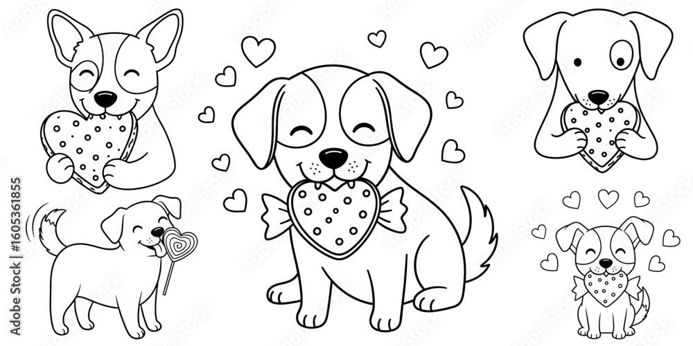 Obraz premium Adorable Dogs with Heart Treats – Hand-Drawn Black and White Vector Outline Illustrations Set of 4 Designs on Clean White Background (1)