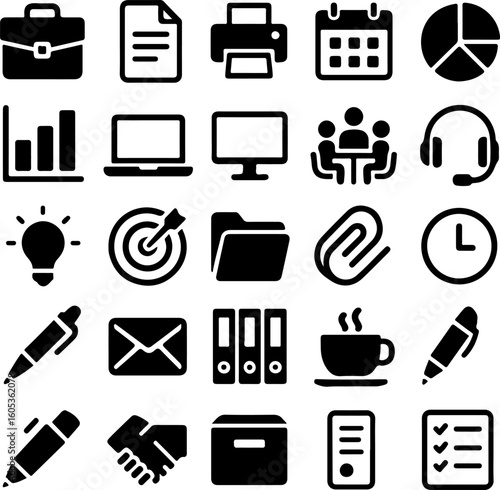A comprehensive collection of modern flat design icons representing essential business and office tools and concepts for digital and print media