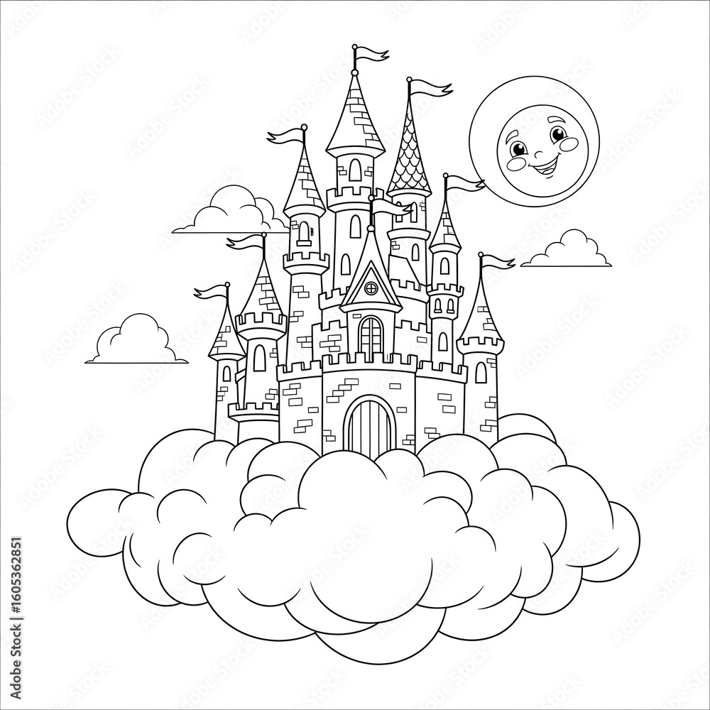 Fototapeta premium Whimsical Fairytale Castle on Clouds with Smiling Sun – Coloring Book Illustration