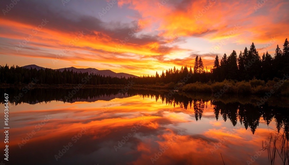 Fototapeta premium Fiery sunset reflecting on tranquil lake